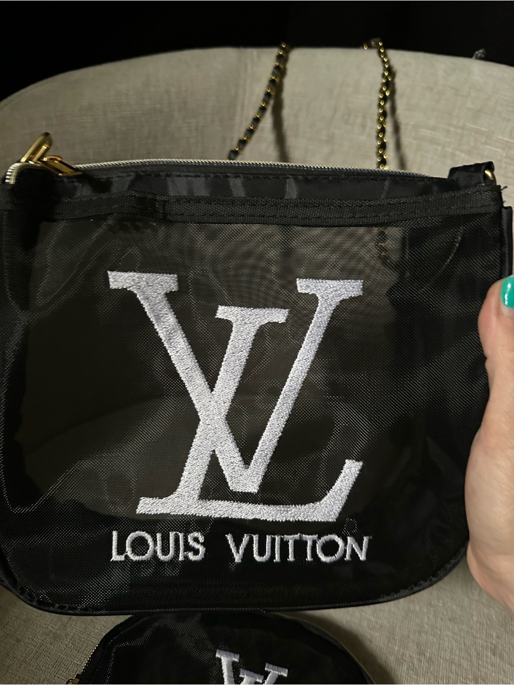 Black Nylon Sheer with White LV Logo and Gold Chain - Picture 2 of 7